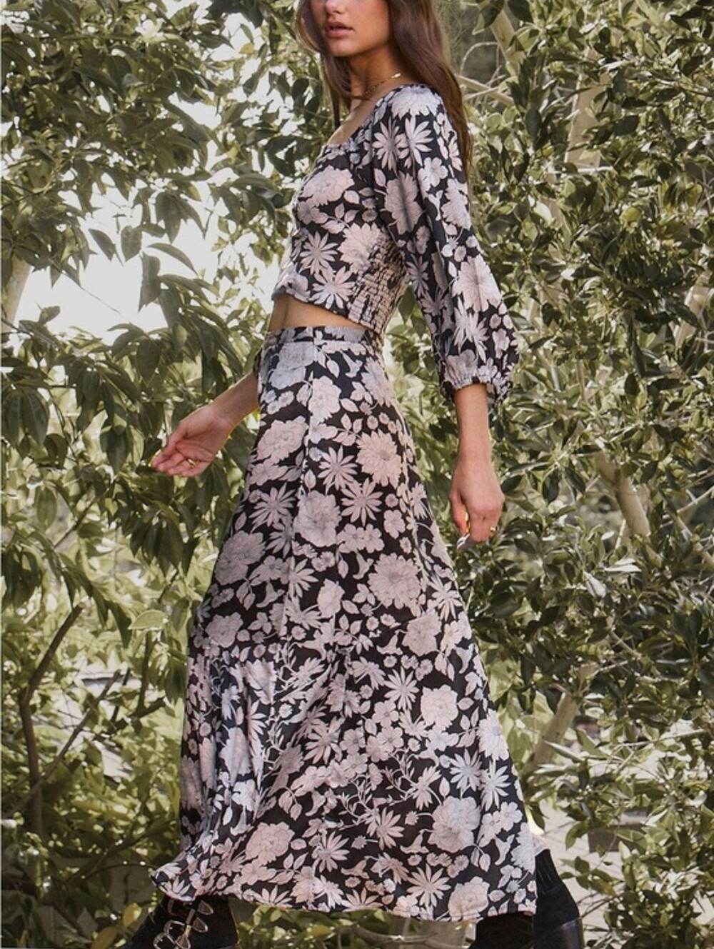 Anthro Saltwater Luxe Aisle Midi‎ Skirt Floral Black Cream Boho Flowy Small